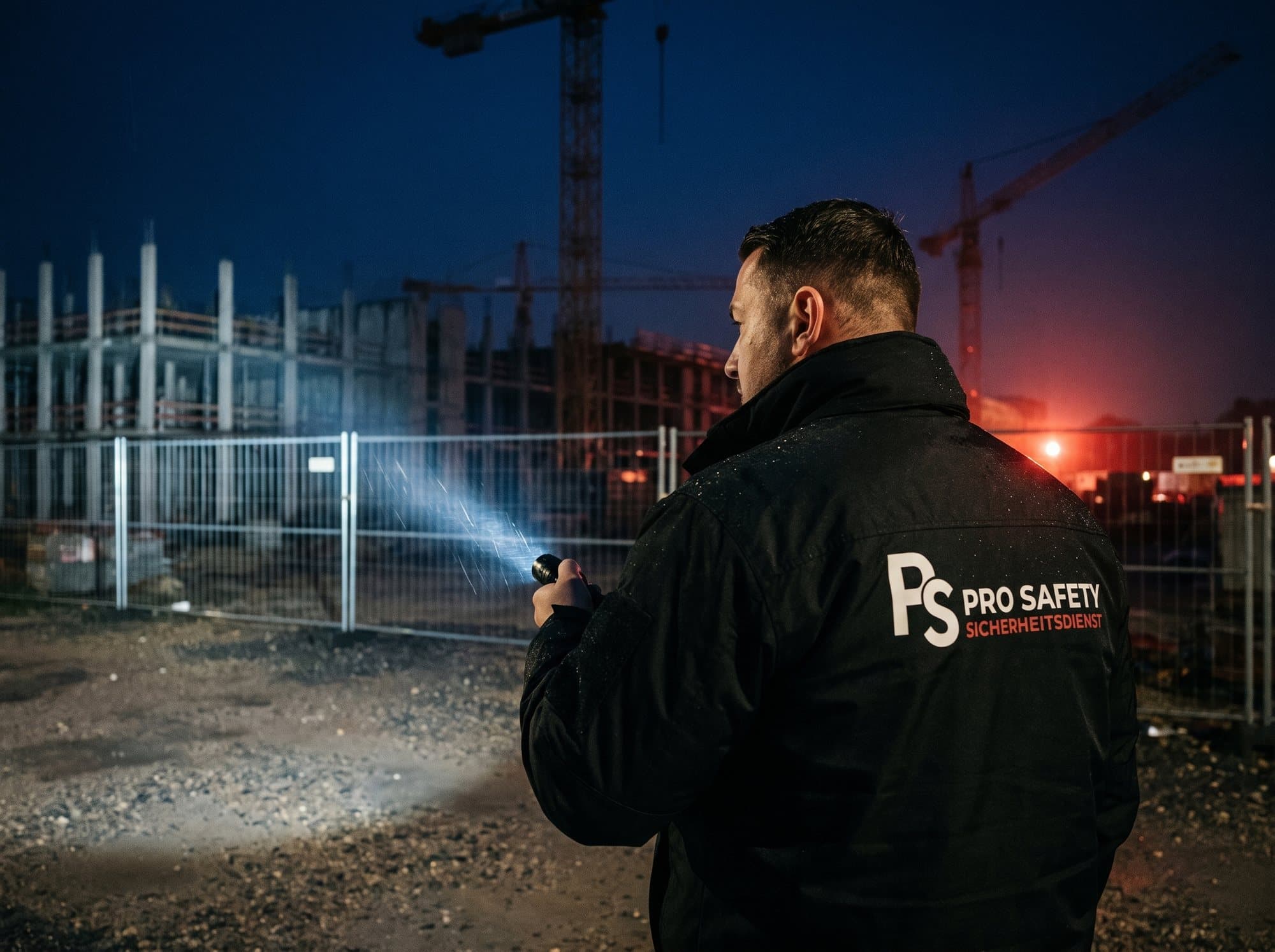 Pro-Safety-Sicherheitskraft bewacht nachts eine Baustelle